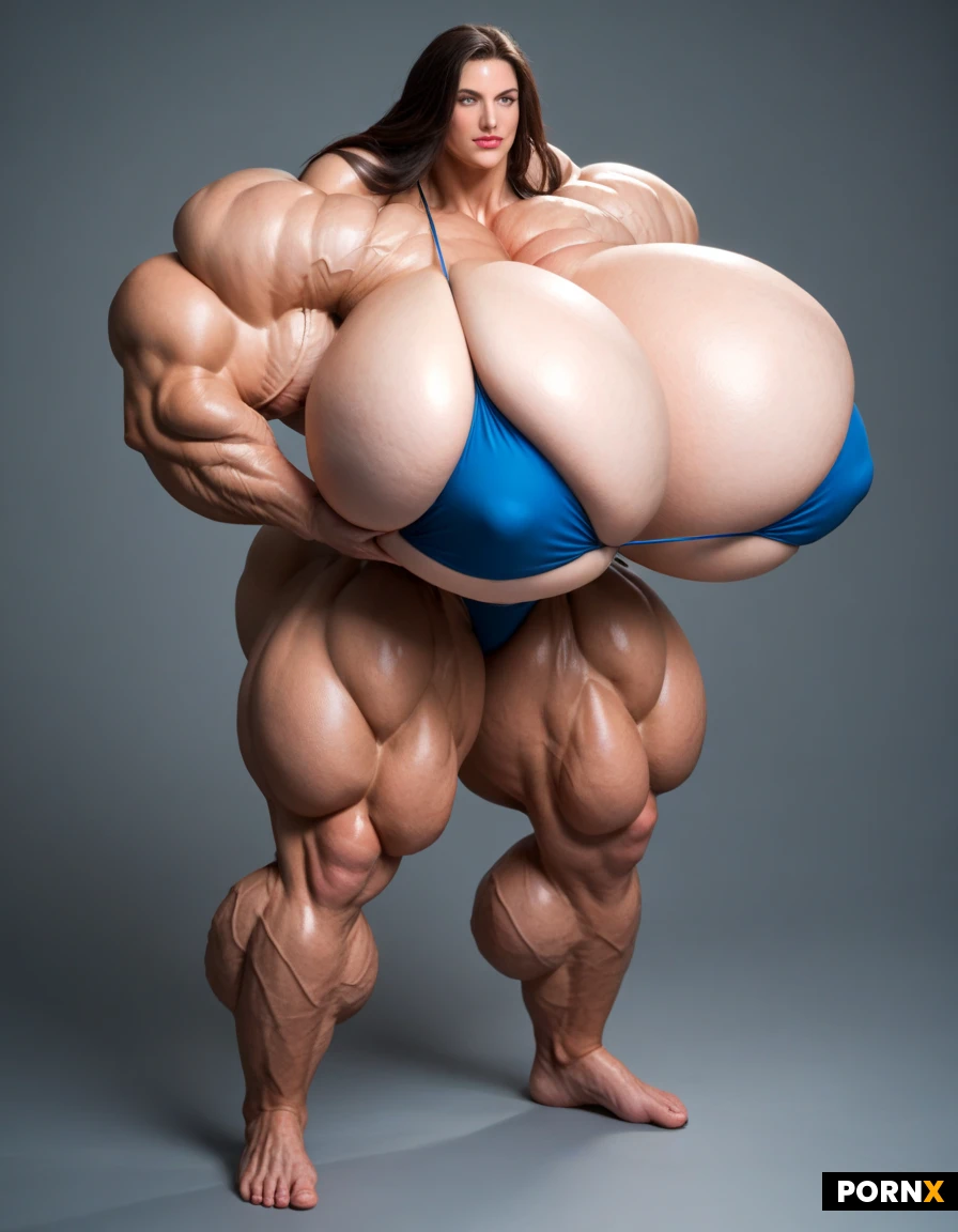 Full body image of a ultimative Super mega muscular female hyper muscle bodybuilder supermodel, in her 20s, super slim tiny waist, incredibly mega exaggerated huge boobs, ultra detailed, high resolution, anatomically accurate, perfect fingers, perfect anatomy, (hyper extreme colossal breasts: 1.459999), her soft floppy drooping natural breasts spill down to her sides, breasts drop to the sides of her chest, hyper massive breasts, breasts hypertrophy, disproportionately(gigantic colossal hyper breasts: 1.459999), unrealistic breasts size, giant expansion breast, extremely huge voluptuous breasts, massive breasts, (bodylong hair: 2), straight super long blond hair, exaggerated long hair, super defined sixpack which shows every single ab absolutely ripped and defined, perfect hourglass figure, super mega thick mammoth tree like muscular legs, perfect face, feminine face, female facial features, perfect facial features, ultra sexy face, natural face, realistic face, perfect muscular hourglass, Bright green eyes, Extrem exaggerated muscles, ultra hyper massive muscle, expansion muscles, musle goddess, wearing a blue bikini, perfect skin, ultimate muscles, super long legs, massive muscles, overgrown hypermassive muscles, mega muscles, giganteque muscles, beyond female musle-goddess, mega muscles overgrowth at leg and abs, ultra exaggerated overgrown leg muscles, hypermassive expanded leg muscles, hair reaches the floor, disproportionately(gigantic colossal hypermuscular legs : 1.7), (defined muscles: 1.6), grabbing her breast and admiring her abs