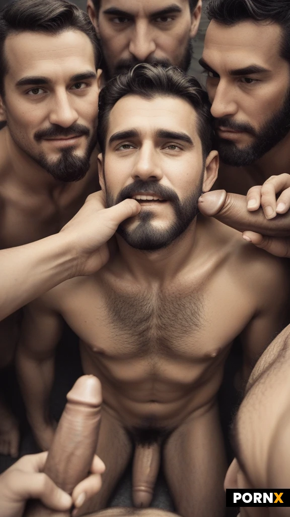(Cute_man:1.0),(masculine male:1.0),
(high angle :1.3),(dynamic angle sideview:1.2)
(Tilt_back_head),(hand on face:1.0),(( finger in mouth:1.1):1.1),kneeling,( in the middle of group of men,surrounded by penises:1.3),(gay gangbang),(dripping bukkake on chest:1.2)
(Hesitate),(manly face:1.3),thick eyebrows,open mouth,(goatee:1.3),(beard:1.3),(mustache:1.0),
(hairy:1.3),((Skinny_adult,flat_chest:1.3):1.3),(oiled:1.1)
(cinematic studio light,frontlit)
Sepia,desaturated,28mm focal length
(Misty background:1.3)