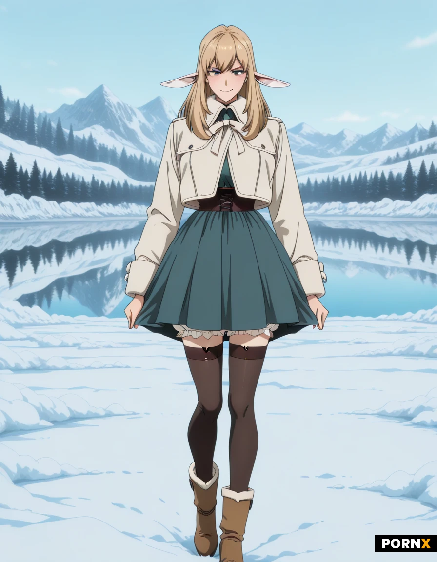 Elven woman. Cute face. Long ears. Heavy winter clothes. Victorian style clothes. Outside in woods. Edge of frozen lake. Skirt pulled up. Bloomers exposed. Long stockings. Winter boots.