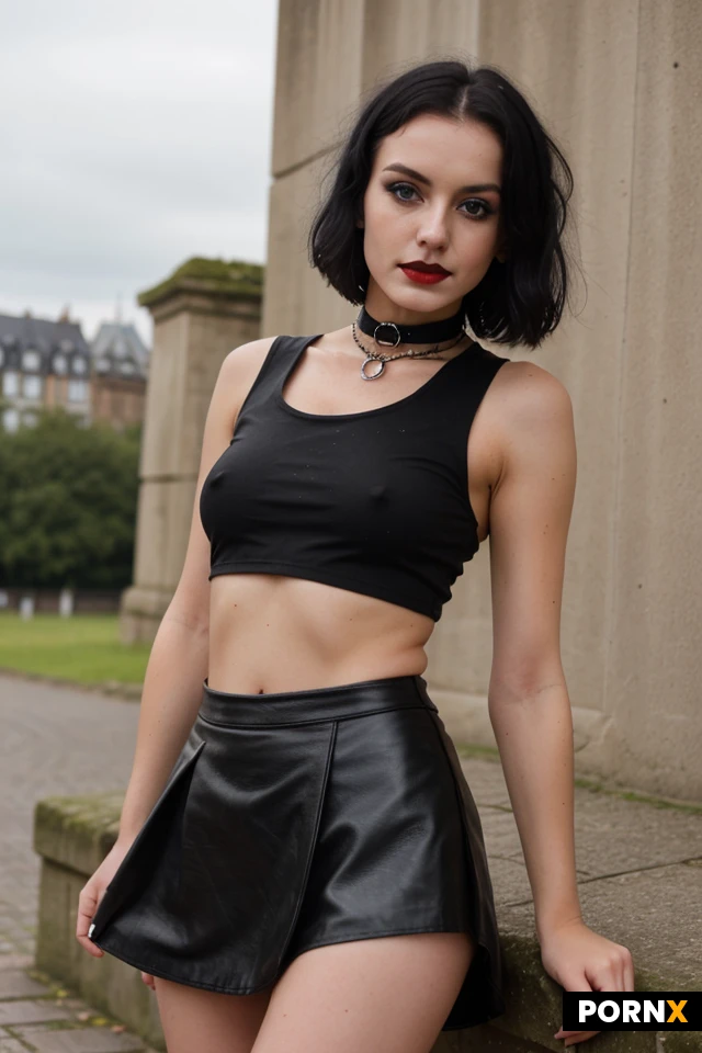 20 years,cute, German, pale, small_size, no top, topless, gothic ,leather skirt, short skirt, small boobs,outdoor, black hair, short hair, make-up, Goth, female, black lips, small boobs, fit, choker, skinny thighs