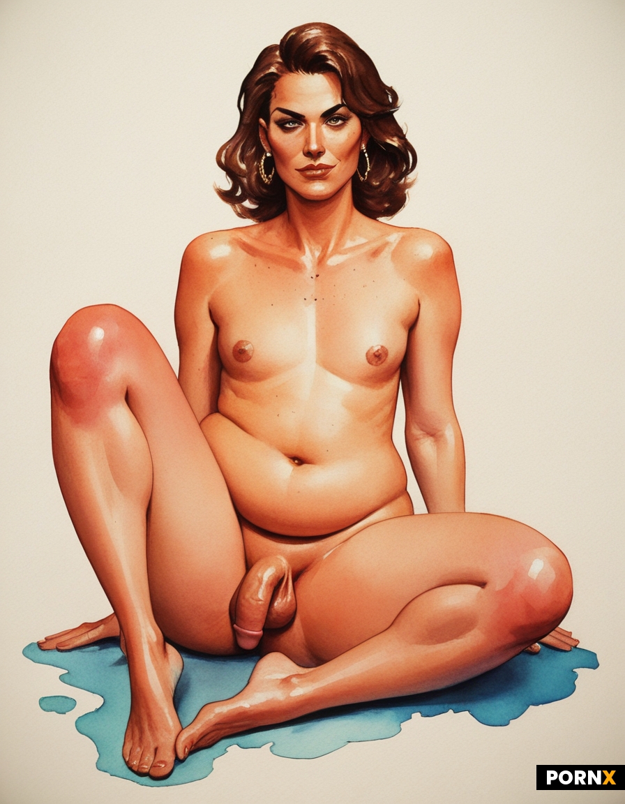 A closeup portrait of a mature smirking fat chubby nude crossdresser with very short dark brown hair