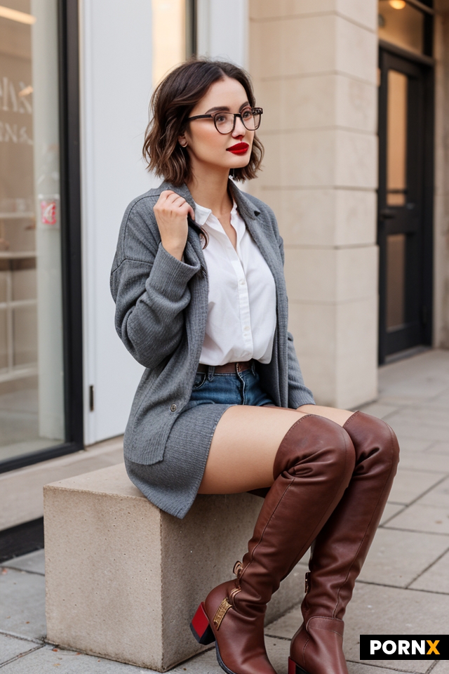 Woman wearing casual outfit with boots with messy hair with glasses and red lipstick
