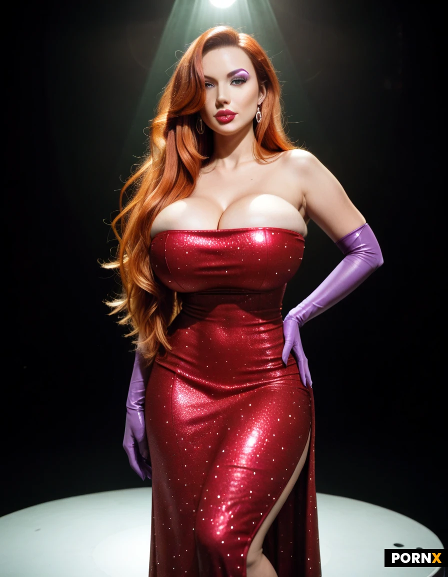 masterpiece, best quality, highres, 1girl, solo, red_hair, long_hair, hair_over_one_eye, purple_eyeshadow, plump_lips, makeup, huge_breasts, busty, red_dress, sparkly_dress, tube_top, purple_gloves, dancing, striptease, seductive_pose, jazz_singer, stage, retro_night_club, spotlight. Long purple satin gloves (Large breasts: 3.0) red glittery dress. Long red hair that covers one eye. Tube top. Red dress. Tight tube top (long hair: 2.5) bimbo babe. Hair over one eye. Sparkly red dress. Long purple gloves. Elegant. Seductive. Bimbo babe. Balloon tits. Breasts that defy gravity. Hair over one eye. Ginger hair. Long purple gloves. Green eyes. Purple eye shadow. Tube top. Pinup bombshell. Extreme cleavage. Diva. Spotlight. Shining light from behind. Long purple gloves. Tight tube dress. Redhead. Ginger hair. Long purple gloves past her elbow. Upper body view. Diva superstar. Long purple gloves. Huge Perky tits. Babe. Goddess. Femdom. Soft skin. She's not bad, she's just drawn that way. Realism style