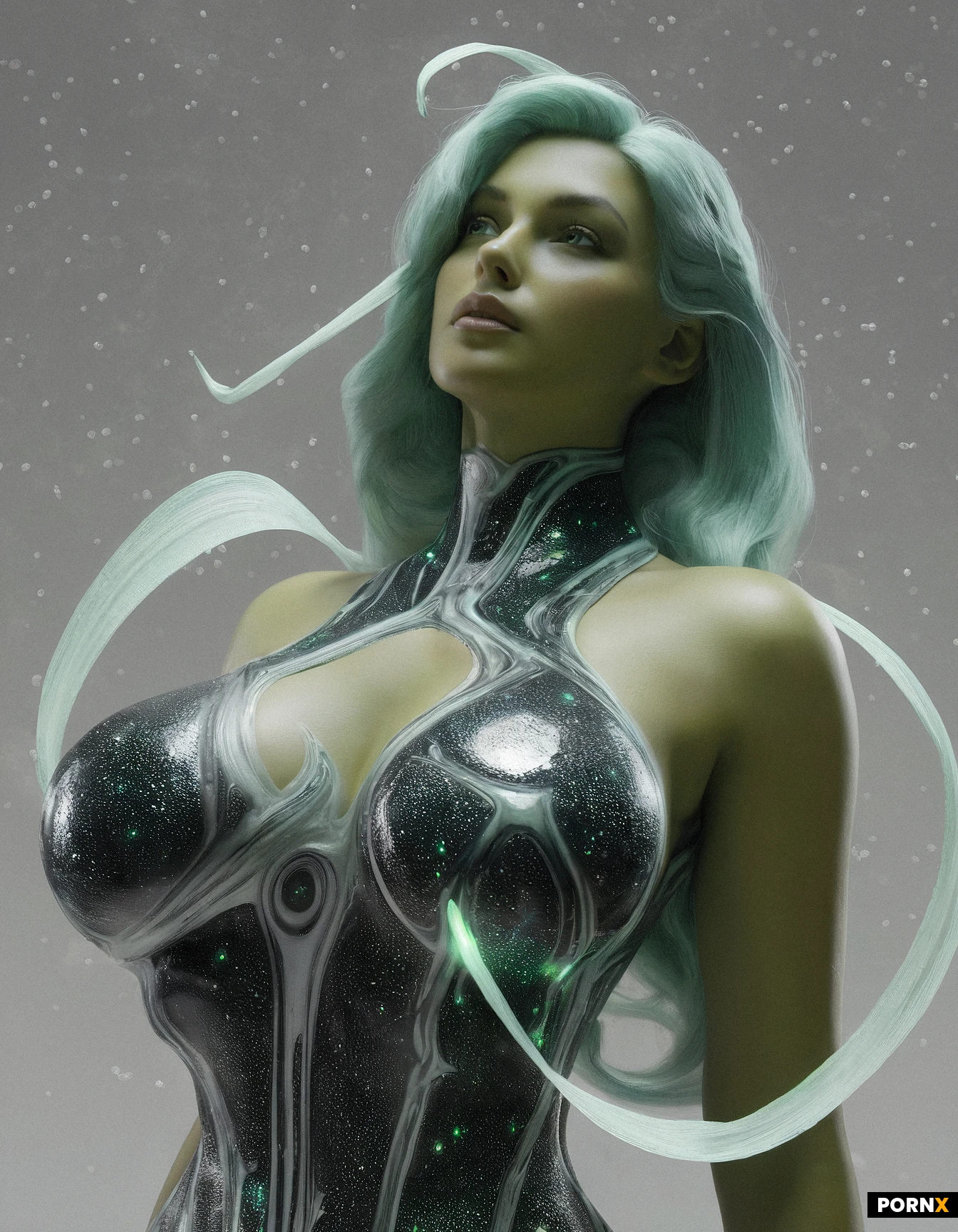 A 25-year-old alien woman with smooth jade-colored skin and long, silvery-lilac hair that streams behind her like nebular ribbons floats weightlessly against a backdrop of endless, star-dotted space, her full, bare breasts glistening with a faint phosphorescent sheen. She is positioned in a three-quarter turn, her torso tilted slightly forward while a diaphanous, iridescent skirt of flowing fabric billows around her lower half, catching the distant starlight and revealing subtle contours of her hips. Soft rim lighting from the surrounding constellations outlines her silhouette, casting a delicate halo that highlights the delicate veins in her alien ears and the faint luminescent patterns on her skin. The camera captures a low, dynamic angle with a shallow depth of field, focusing sharply on her expressive, luminous eyes and the gleam of her breast tissue while the background blurs into a dreamy galaxy swirl. Rendered in ultra-realistic, high-definition digital art with cinematic glare and subtle volumetric light shafts, the scene feels both otherworldly and intimately sensual.