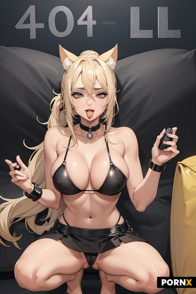 40 year old blonde ponytail collar woman cat ears holding video game controller crop bikini black on