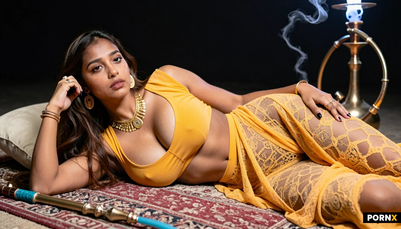eye contact with viewer.
necklace. rings. bracelets. large earrings. (transparent yellow lace dupatta). Lying Down on a rug. (dark Lighting). Pillows. (Hazy). (Smoke). (Hookah). (almost_closed_eyes). (dazed look). (smoke_rings). (black lipstick:1.4). (black eyeshadow).(consensual bdsm).touching her pussy over her clothes.