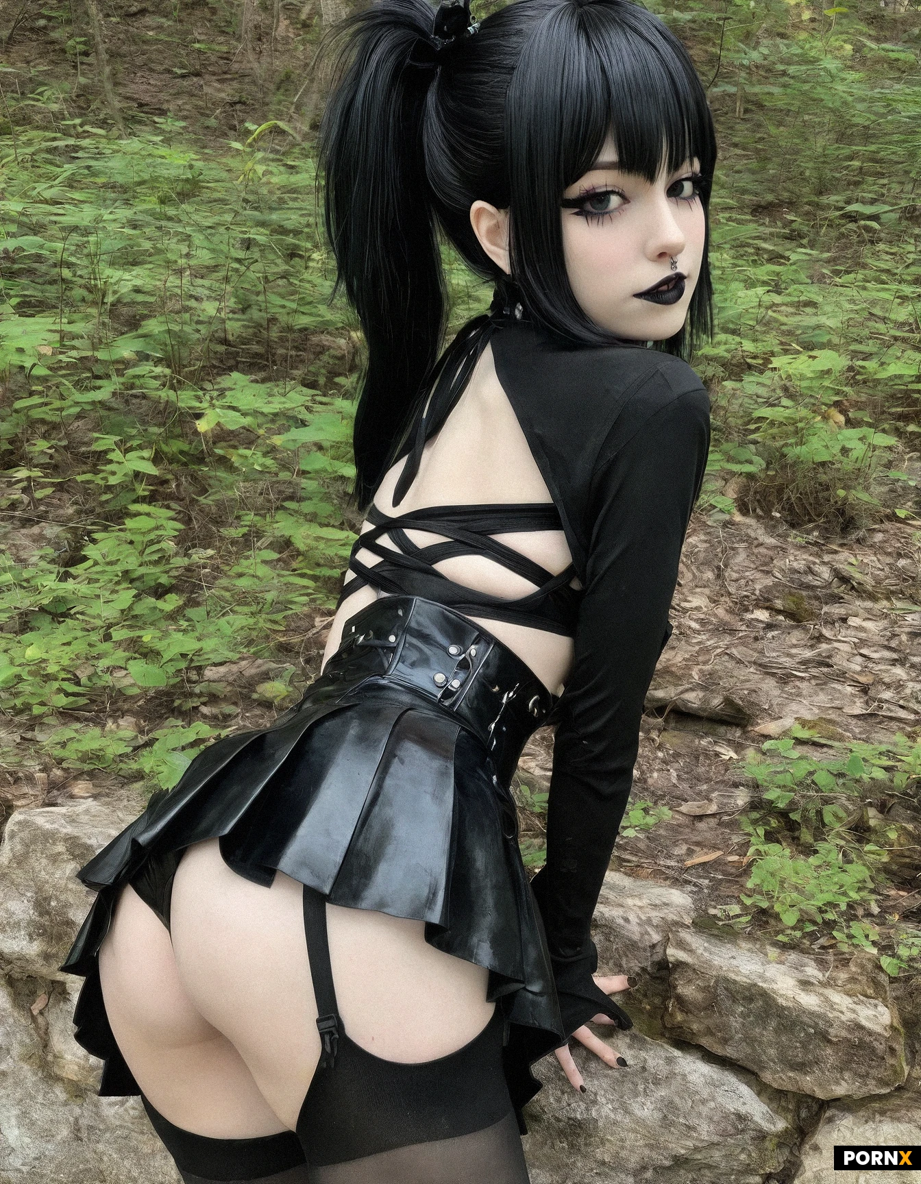 Tenny s Realisme,(gorgeous_beautiful_face:1.9),(gothic:1:2),(anime:2),(toon:1.5),18 years,cute, small_size, no top,big eyes, ,ponytail,leather skirt, view butt,outdoor,