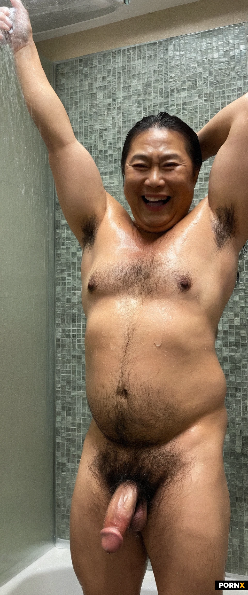 portrait of one korean woman standing taking a shower,looking at the viewer,laughing, sagging tits,58 years old,muscular body,(cute face),nude,(erecting penis),testicles,natural breasts,shower,solo,wet body,wet hair, (exposing hairy armpit:2.0)