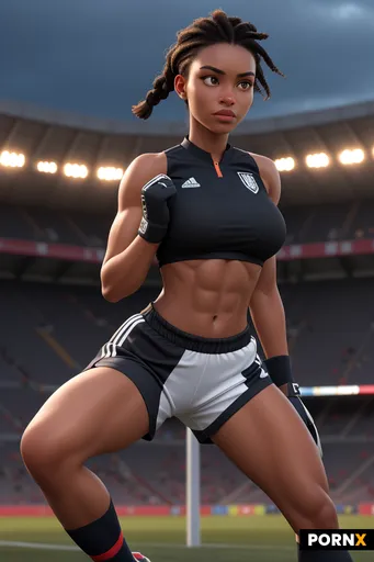 An athletic African woman in her early thirties with deep mahogany skin