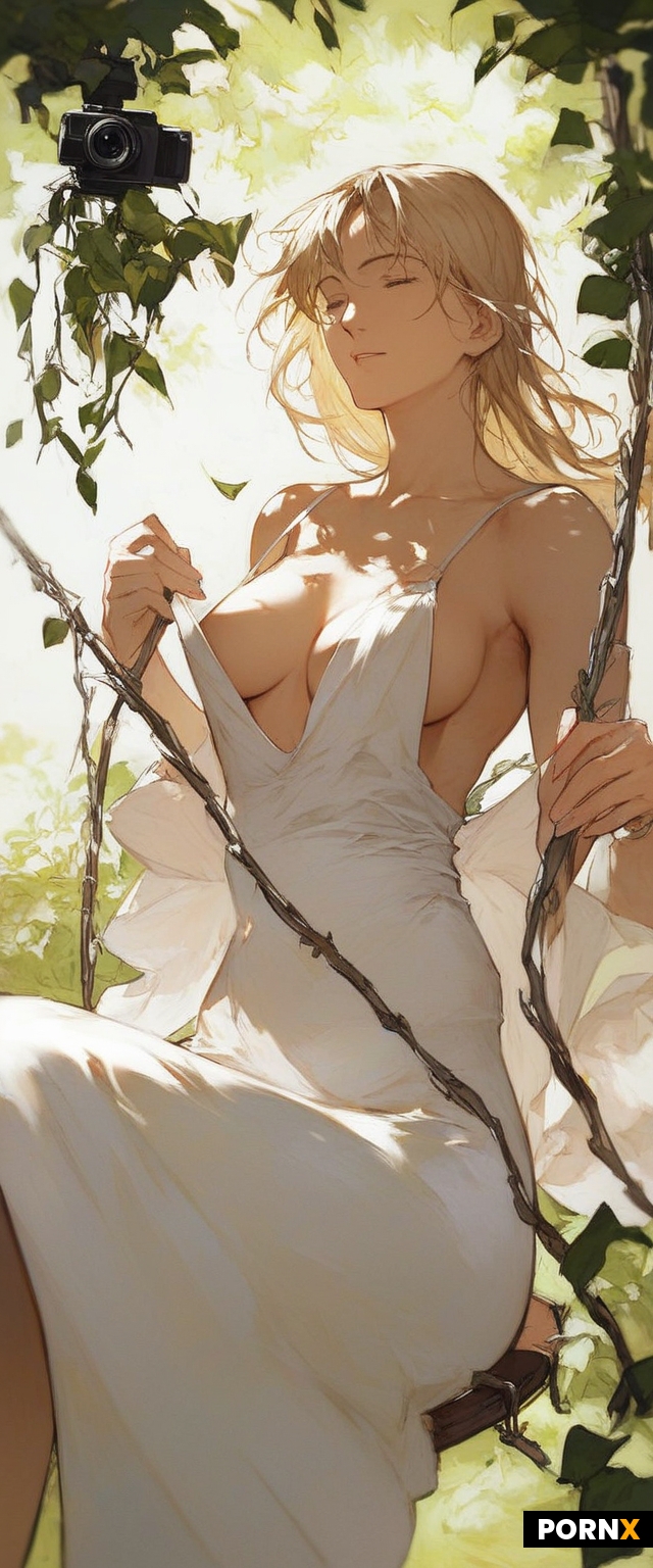 Fate stay night anime style woman sitting on swing in a garden