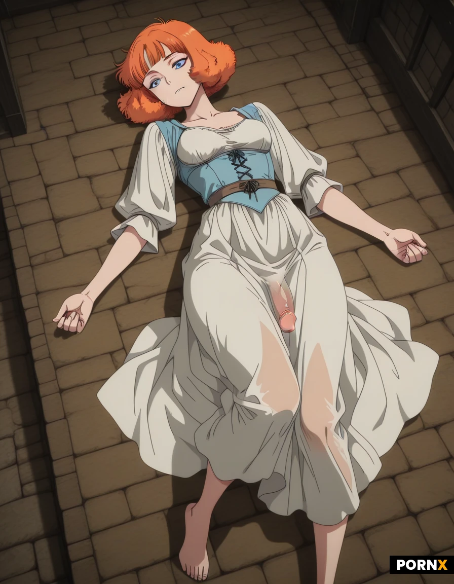Ginger hair, Fluffy hair, Short hair, Bangs, German, Deep blue eye color, Medieval clothes, On back, Small breasts, Full body, Dress, Transparent clothes, Transgender