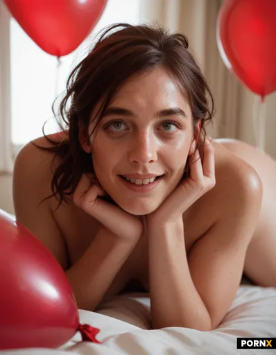The face in close-up of a cross-eyed woman with messy hair on her back propped against a big red bal