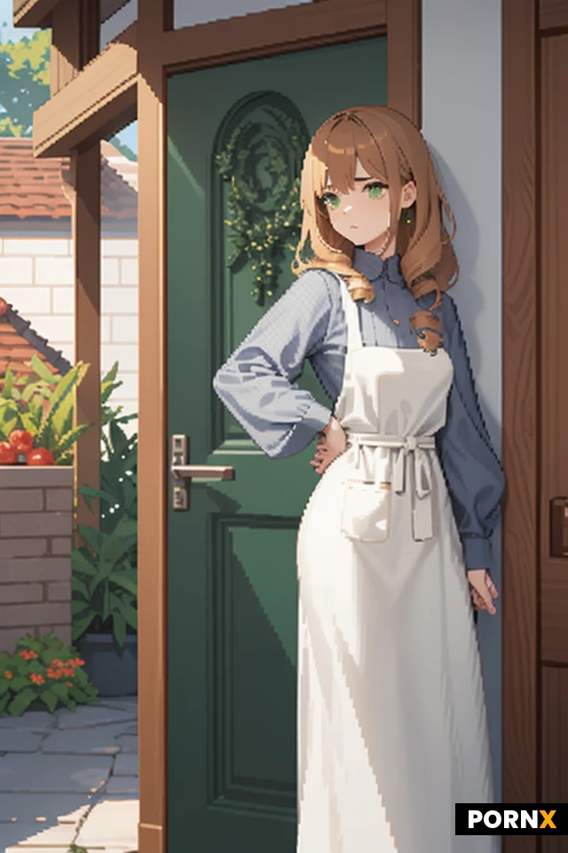 A stylized pixel art image of a tired twenty‑year‑old girl: long curly chestnut hair, green eyes, a round butt, small breasts, average height, a tired face. She is looking at the camera, wearing a grey medieval dress and a white apron, standing by a wooden door in a modest pose. Retro‑style pixel aesthetic, soft halftone shades, bright colours — sprite style inspired by 16‑bit graphics, pixel art.