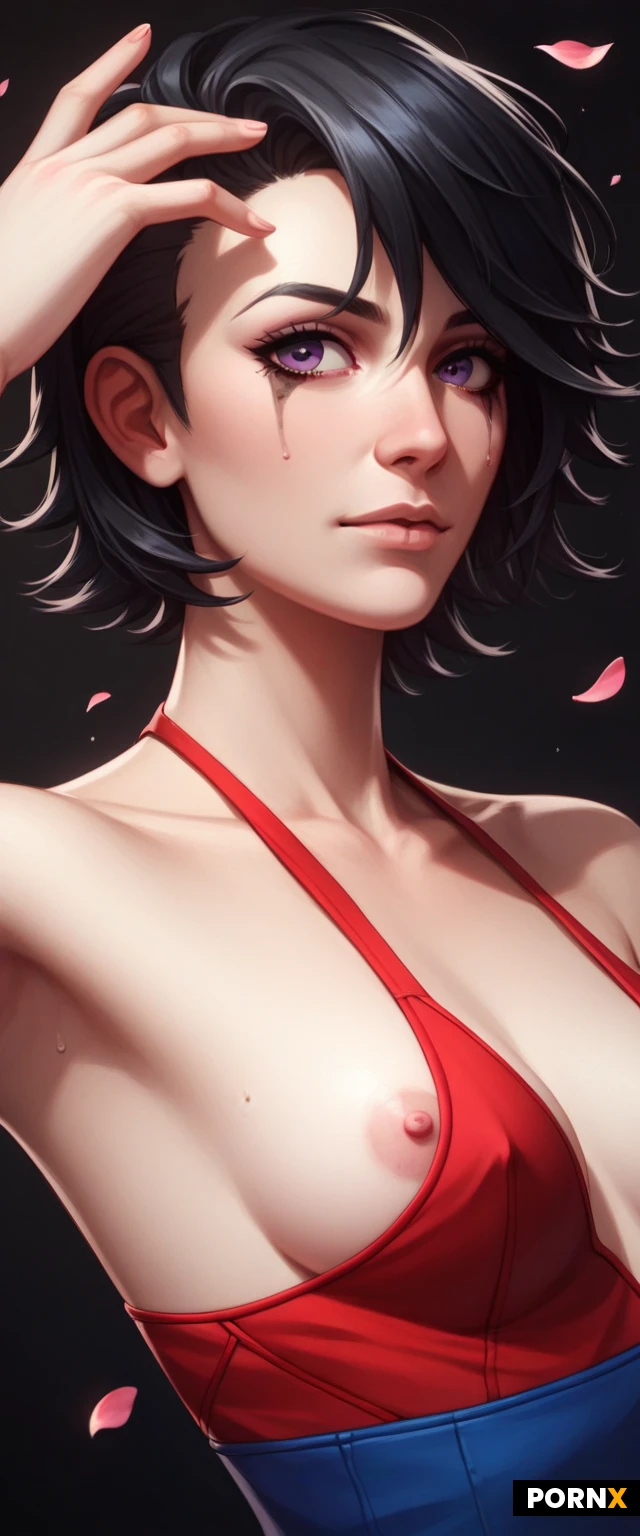 score_9,score_8_up,score_7_up,
((japanese,spiky asymmetric hair with thin bangs,short black hair)),violet eyes,
,Female,cute,(horny),((pale ceramic skin:1.2)),highly detailed face,highly detailed eyes,smeared mascara,highly detailed nipple,curious,good view,incredibly detailed,professional colorgraded,advanced shadows,meticulously created,perfect masterpiece,alone,black background,close,dutch angle,((asymetric))dappled light,realistic texture,advanced physiks,((beautiful hair:1.3)),slender fit body,short blue dress,petal shape,halter neck style,shadow,flirting gaze,small sweaty sloped aparted breasts,asymmetric nipple,pink nipple,lavish pattern,red lingerie beneath,armpit,finger in hair