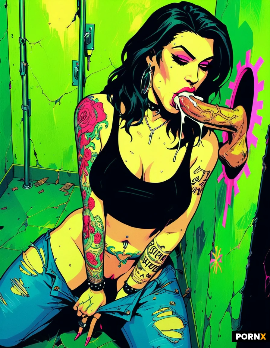 A curvaceous cyber-punk woman with glossy black hair, neon-glowing tattoos, wide hips, thick thighs, and perfect medium-sized natural breasts kneels in a grimy glory-hole booth of a neon-lit city strip club,glory-hole deepthroat blowjob on hard veiny cock, throat bulge, her ripped jeans pulled down to expose a shaved pussy that she fingers while multiple thick cocks deep-throat blowjobs through gloryhole,thick cocks,her face twisted in ecstatic pleasure as cum streams down her chin onto her breasts; her tank top is lifted over the bust, accentuating the movement of her squeezing breasts. Soft rim lighting from flickering pink and blue neon signs casts a wet sheen on her skin, while a shallow depth of field captures a dynamic side angle that focuses tightly on her mouth and the dripping cum. The dark, cramped room is awash in pulsating neon glow and steam, rendered in high-detail digital illustration with cinematic lighting and a gritty, futuristic atmosphere,overhead dynamic angle