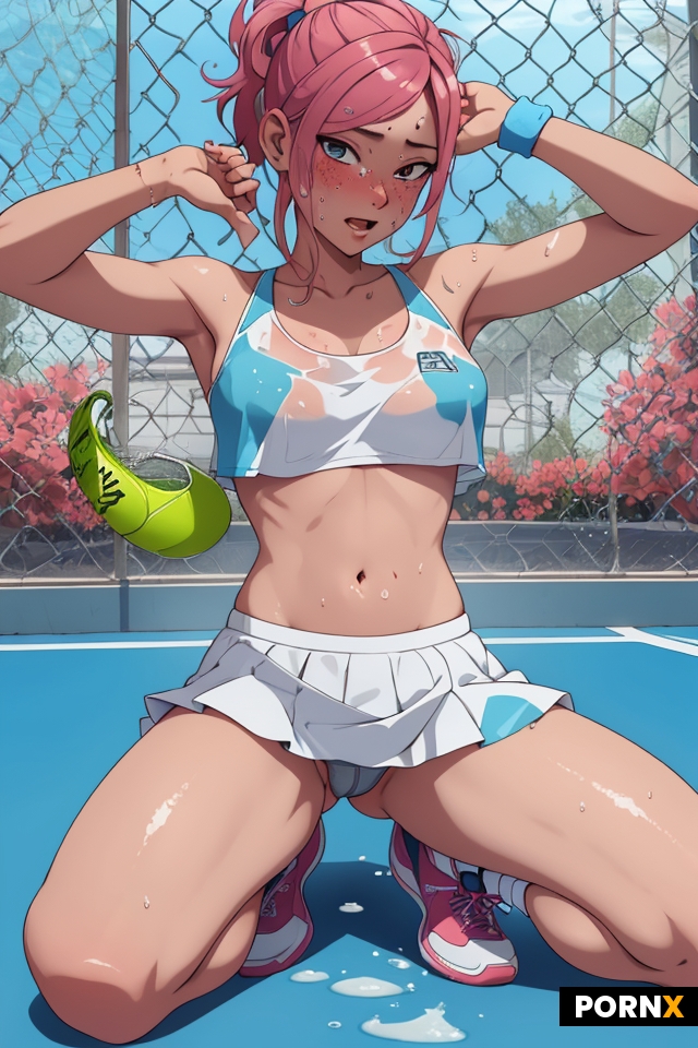Mujer en ropa deportiva de tenis semi transparente por el sudor