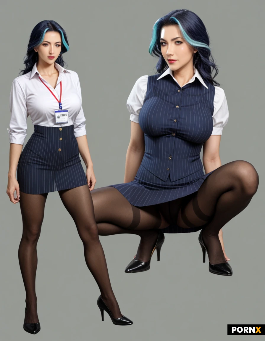 Masterpiece, best quality, anime character sheet style, full-body and portrait views. A 30s woman with a sharp, elegant look. She has distinctive dark blue hair styled into voluminous swept-back shapes with teal and light blue highlights, exposing a high forehead marked with two dark diamond/oval cosmetic dots above her eyebrows. Striking sharp purple eyes with intense gaze, thin eyebrows. She is wearing a professional white button-down collared shirt with rolled-up sleeves, a dark navy blue striped high-waisted corset-style skirt with vertical pinstripes, a lanyard with an ID badge around her neck, opaque black tights, and dark blue short boots. Clean lines, flat shading anime style, vibrant colors, squatting with legs apart.