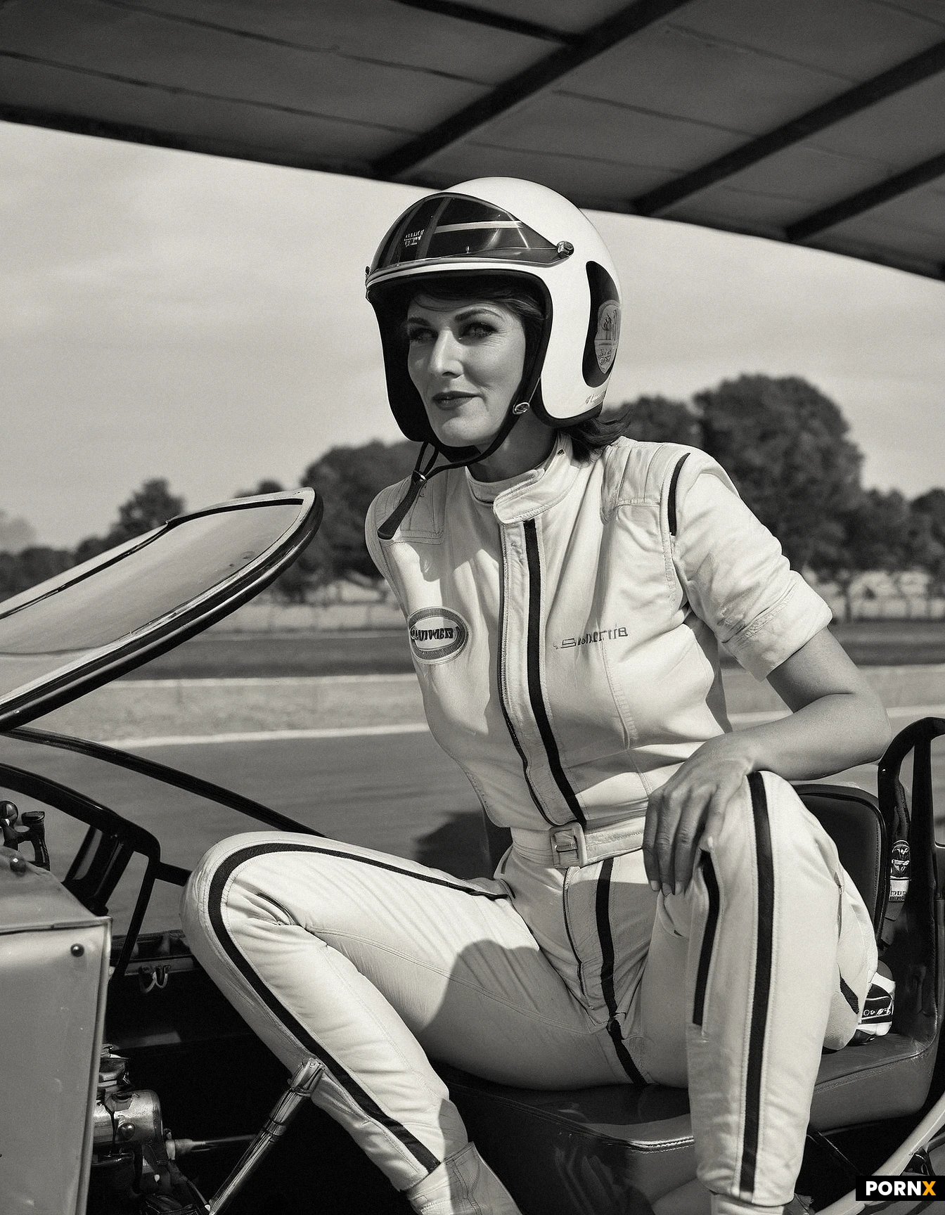 motorsport photograph from the 1970s, featuring a sexy adult woman crouching beside an open-wheel race car at a racetrack. She has shoulder-length straight dark hair with a side part, a soft natural smile, and a youthful oval face. She is wearing a simple sleeveless white mini dress, white ankle socks, and white heeled ankle boots. She is kneeling beside the cockpit, one hand resting naturally on her thigh while the other hand is extended toward the helmeted man, as if presenting or handing something to him.
Behind her is a classic open-wheel formula race car with a large exposed cockpit and period racing livery. A helmeted male sits inside the cockpit wearing a vintage racing suit and full-face helmet. Outdoor racetrack setting, trees and blurred spectators/background structures in the distance. Authentic 1970s motorsport photography, documentary style, candid promotional paddock moment, high-contrast monochrome film, subtle film grain, slightly soft vintage lens, realistic anatomy and proportions, natural lighting, full-body composition, 4:3 aspect ratio