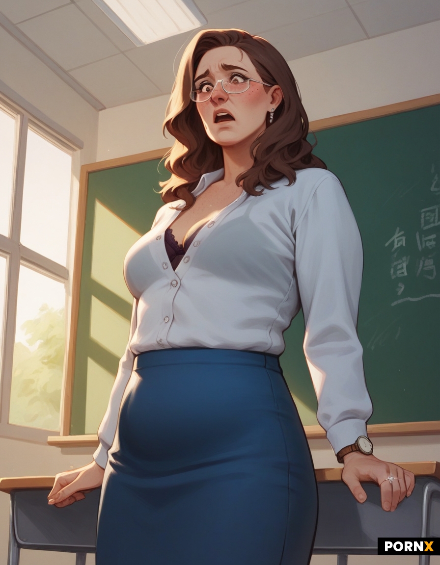 Married teacher in 80's teachers clothes standing in front of a classroom