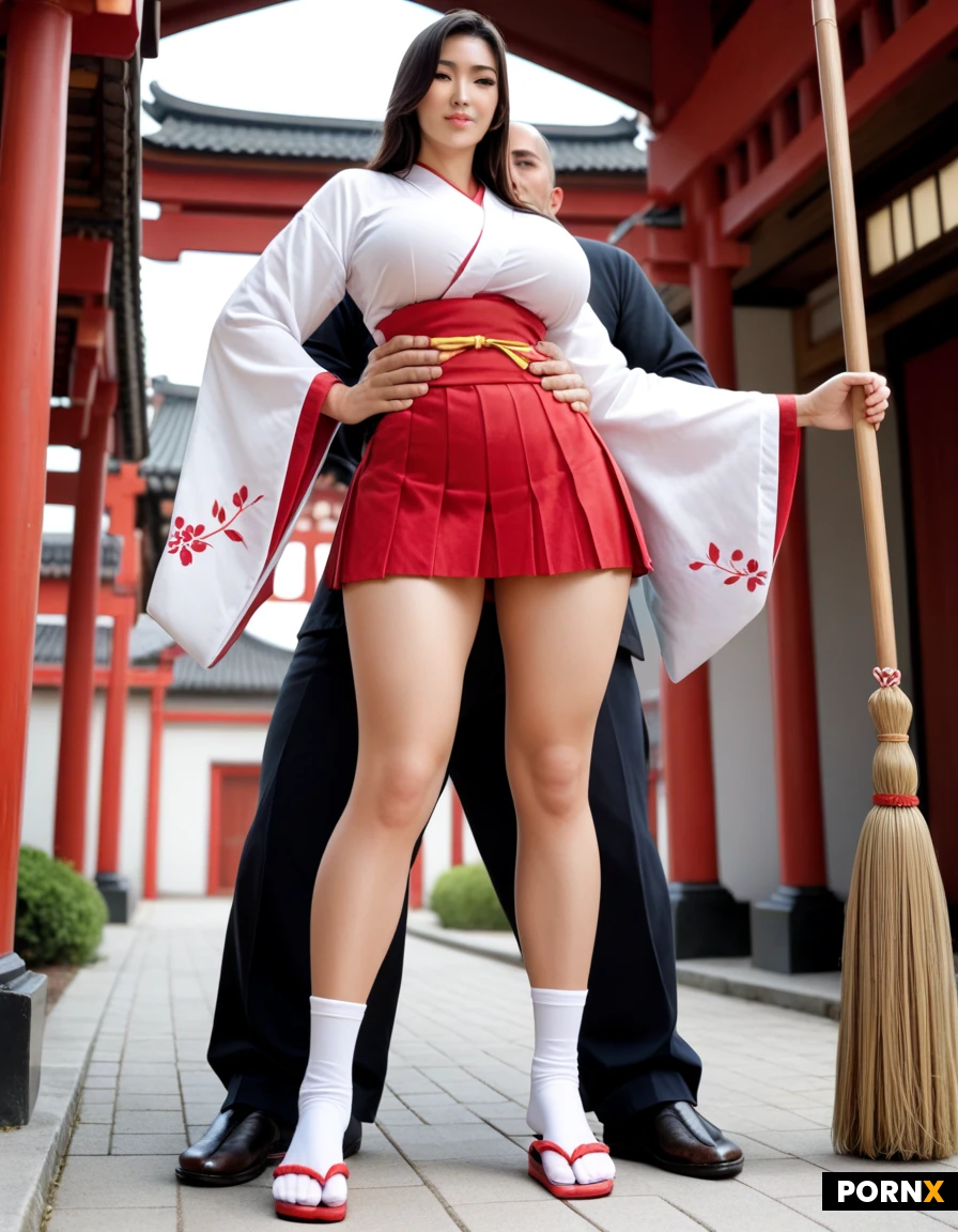 She is a 18 years old Japanese Miko. She is super cute and Beautiful, with sexy body. She has huge, full, H cup breasts, slim waist, perky ass and long legs. She has very cute and pretty face, with big, shiny, ber eyes, long eyelashes, small nose, light pink lips and clear, white skin. She has long, glistening, black hair, freely flowing down below her waist. She wears a traditional Miko Outfit, a white kimono top, closely fitting her sexy body, and a loose, long, pleated, red skirt. The skirt reaches the ground, and has a slit shaking her thighs. On her feet are white socks with two fingers and traditional Japanese sandals. She is outdoor, standing in front of an old Japanese temple, sweeping the ground with a broom. Close behind her backs stands a man, her lover. The man puts his hands under her clothes, massaging her huge breasts under her clothes.(Voluptuous body, huge and soft breasts, super cute face, clothes covering body, sexy clothes, man hugging the woman from behind with his hands on her hips, full body picture)