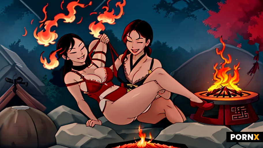 Japanese woman in shibari dangling in the air in ropes over a raging firepit with tall engulfing fla