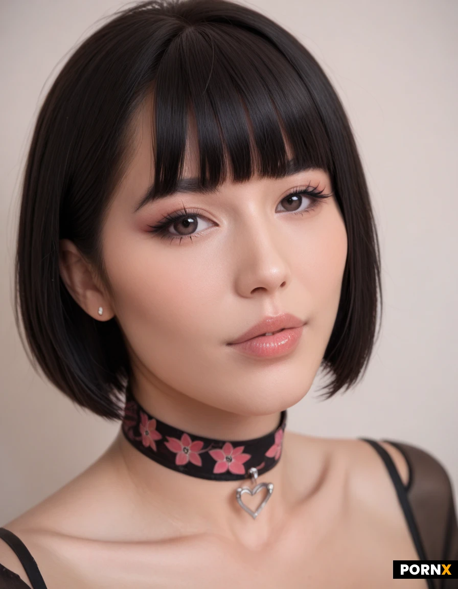 1girl, solo, close-up, looking at viewer, East Asian Korean appearance, double eyelid, short black hair, black bob cut, black blunt-bangs, sharp long winged black eyeliner, dark eyes, subtle pink glossy lips, patterned collar, studio lighting, cinematic, photorealistic, sharp focus