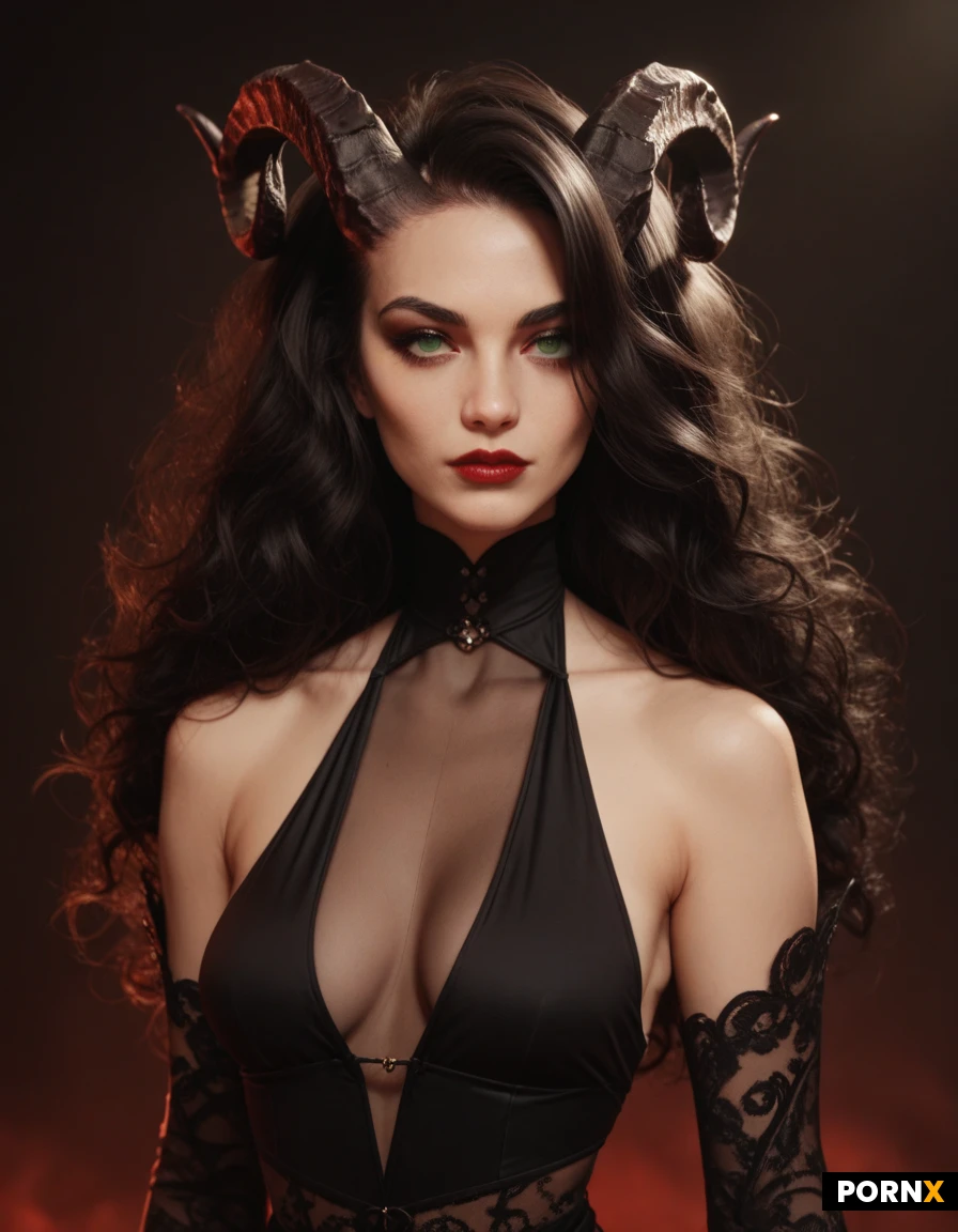 Demoness, Slim body, Narrow waist, Twisted horns, Dark green eyes, Smokey eyes, Brown eyeshadow, Long eyelashes, Black hair, Fluffy hair, Bangs, Clothes mixed color of black, red and white