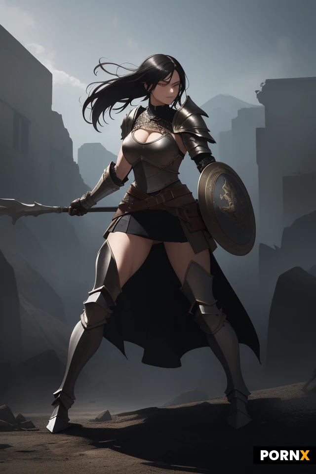 Adult female warrior, athletic and powerful physique with feminine curves, short jet-black hair with slightly messy textured strands, sharp dark eyes, confident and fierce expression, imposing heroic presence, ancient Roman-inspired fantasy armor, elegant but combat-worn bronze and dark steel armor, fitted cuirass, armored shoulder guards, leather straps and detailed metal ornaments, strong bare arms, armored greaves, dark leather skirt with layered plates, large round shield in one hand and a long sword in the other, dynamic combat-ready stance, shield decorated with an original mythological emblem, subtle scratches and signs of, warrior goddess aesthetic, dark fantasy atmosphere, dramatic cinematic lighting, wind moving her hair and clothing, powerful heroic pose, full body, highly detailed anime illustration, professional character design, polished linework, detailed armor, realistic anatomy, fantasy concept art, high quality, striking composition.