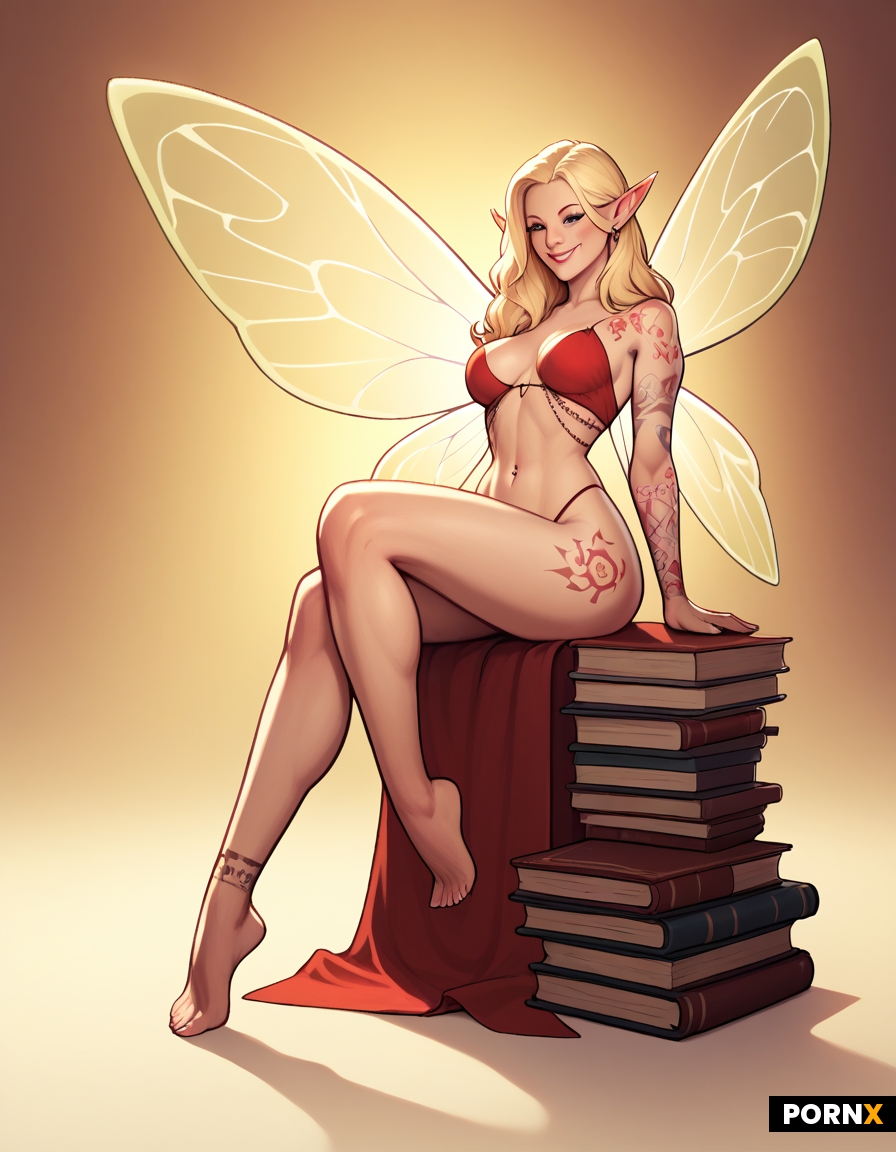 A tiny 6-inch fairy sitting on an oversized giant book 23 years old