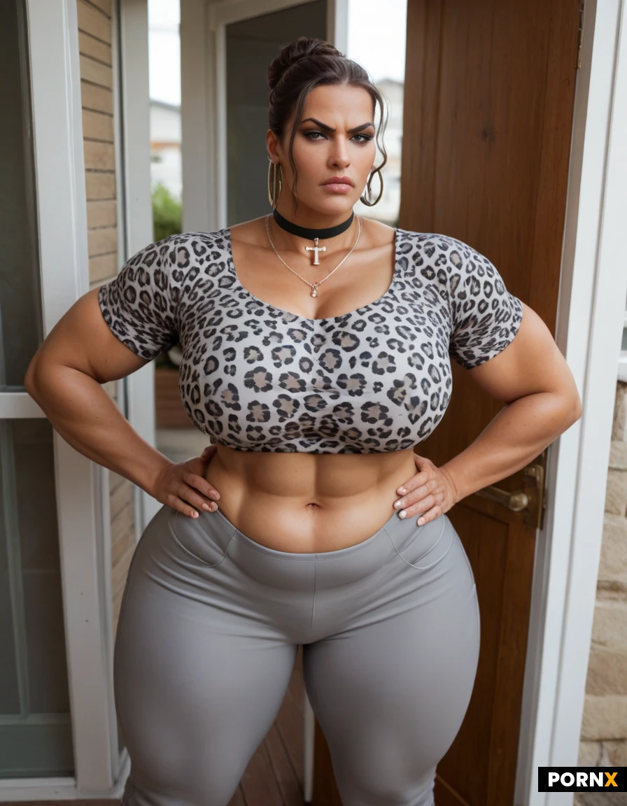 60 years old, white woman, wrinkly, brunette bun on top of head, white leopard pattern cropped tshirt, grey tracksuit, black choker, hoop earrings, cross necklace, massive tits, huge ass, chubby, abs, orange fake tan, makeup, annoyed, angry, arms hands on hips. outside, blocking doorway into house. looking from above