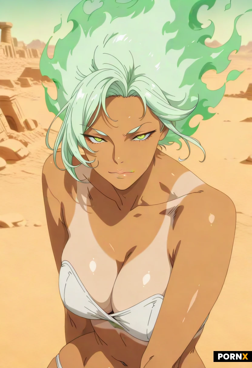 A powerful female djinn with eyes of green fire hovers above desert ruins, a colossal spectral presence emerging from swirling sand and wind. Her skin is tanned but veined with green fire. Her breasts are magnificent and bare, large and proud. She scowls with contempt at the camera.