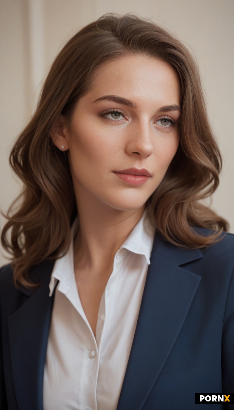 ravishing gorgeous woman with wavy brown hair wearing white shirt under blue blazer