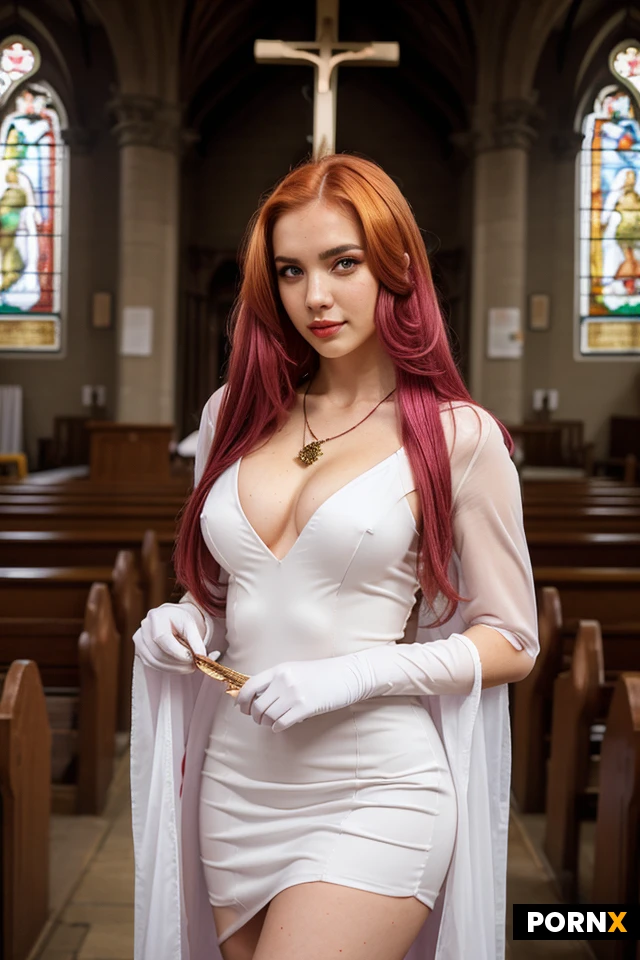 Woman, 18 Years old, Russian, Gradient hair, Ginger hair, Slicked hair, Straight hair, Long hair, Necklace, Cosplay, Nylon Gloves, Seductive pose, Intricate clothes, Two people, Amber eye color, Church, Dress, Pink hair, Full body