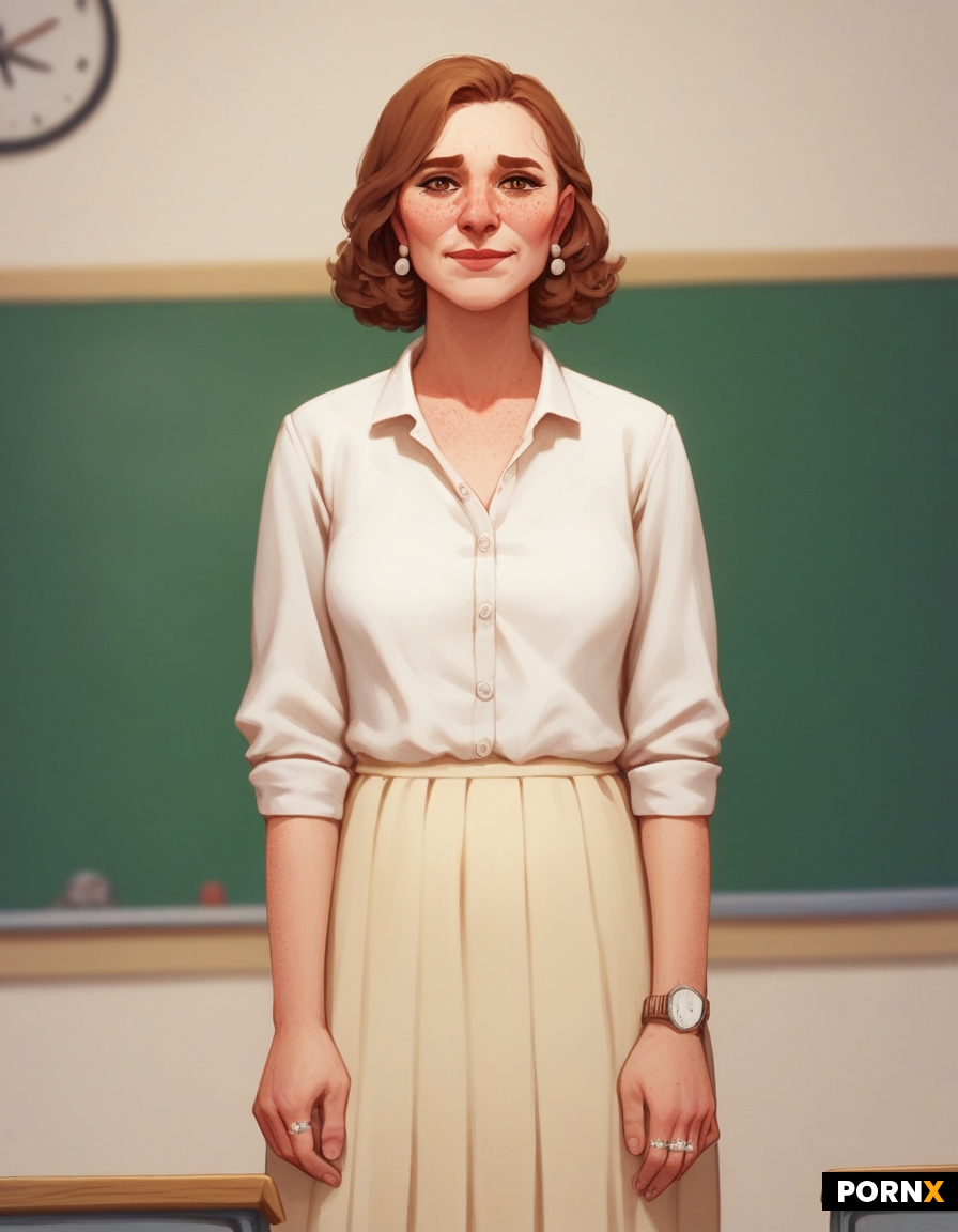 Married teacher in 80's teachers clothes standing in front of a classroom