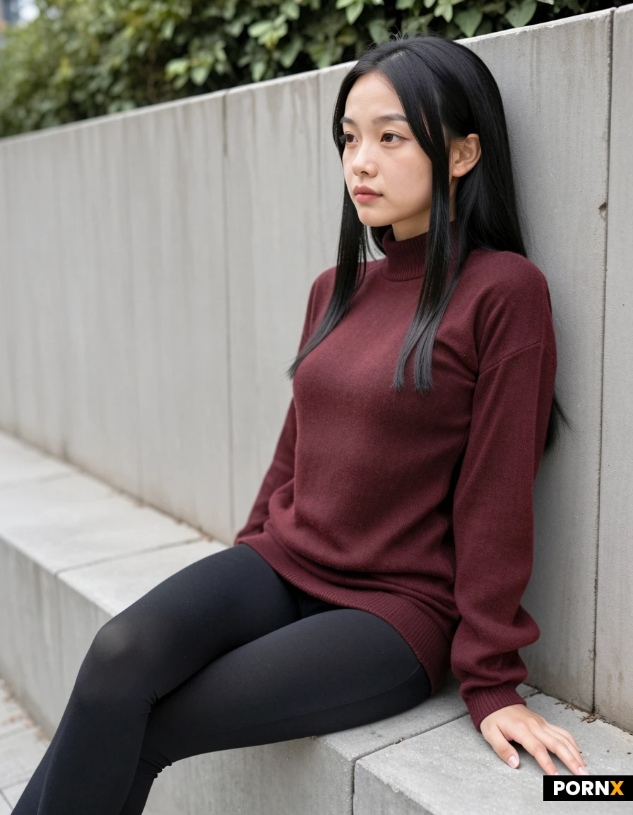 Wearing a maroon sweater and black leggings. Light makeup. Sitting, with legs crossed, outside on a low wall on a college campus looking to the side at the camera.