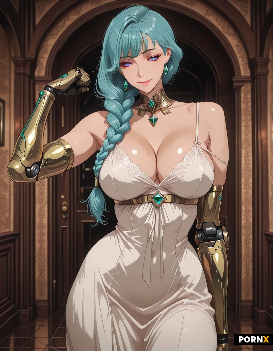 A sultry adult woman with luminous emerald eyes, full voluptuous breasts, and long, intricately braided ginger hair cascades down her shoulders, her torso clad in a sleek midnight-blue, form-fitting nightdress that clings to every curve and a metallic breast harness that accentuates her cleavage. She is a cyber-enhanced amputee, her arms and legs replaced by patina-finished, futuristic prosthetic limbs that gleam with rust-colored alloy and intricate circuitry, their joints flexing as she deftly slides the nightdress off one shoulder while adjusting a hidden garment. The intimate bedroom is bathed in soft, warm rim lighting that outlines the prosthetic metal with a gentle glow, while a shallow depth of field blurs the plush bedding in the background, focusing sharply on her face, breasts, and the gleaming prosthetic limbs. The camera captures a close-up, slightly low angle that emphasizes her powerful stance, the curve of her hips, and the contrast between soft skin and cold metal, with a subtle reflection of the nightdress's satin texture on the polished floor.