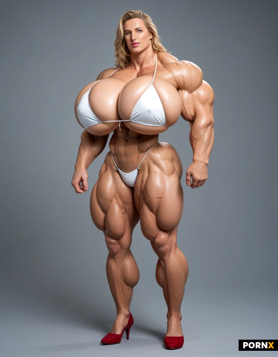 Full body image of a Super mega muscular female hyper bodybuilder model, in her 20s, super slim tiny waist, incredibly mega exaggerated huge boobs, ultra detailed, high resolution, anatomically accurate, perfect fingers, perfect anatomy, (hyper extreme colossal breasts: 0.79999), her soft floppy drooping natural breasts spill down to her sides, breasts drop to the sides of her chest, hyper massive breasts, breasts hypertrophy, disproportionately(gigantic colossal hyper breasts: 0.79999), unrealistic breasts size, giant expansion breast, extremely huge voluptuous breasts, massive breasts, her hair reaches her knees, straight super long golden hair, super defined sixpack which shows every single ab absolutely ripped and defined, perfect hourglass figure, super mega thick tree like muscular legs, perfect face, perfect facial features, sexy face, perfect muscular hourglass, Bright emerald-green eyes with a mischievous glint, smoky liner, glossy bitten-pink lips. Extrem exaggerated muscles, hyper massive muscle, expansion muscles, musle goddess, wearing a white bikini, perfect skin, ultimate muscles, beyond superhuman muscles
