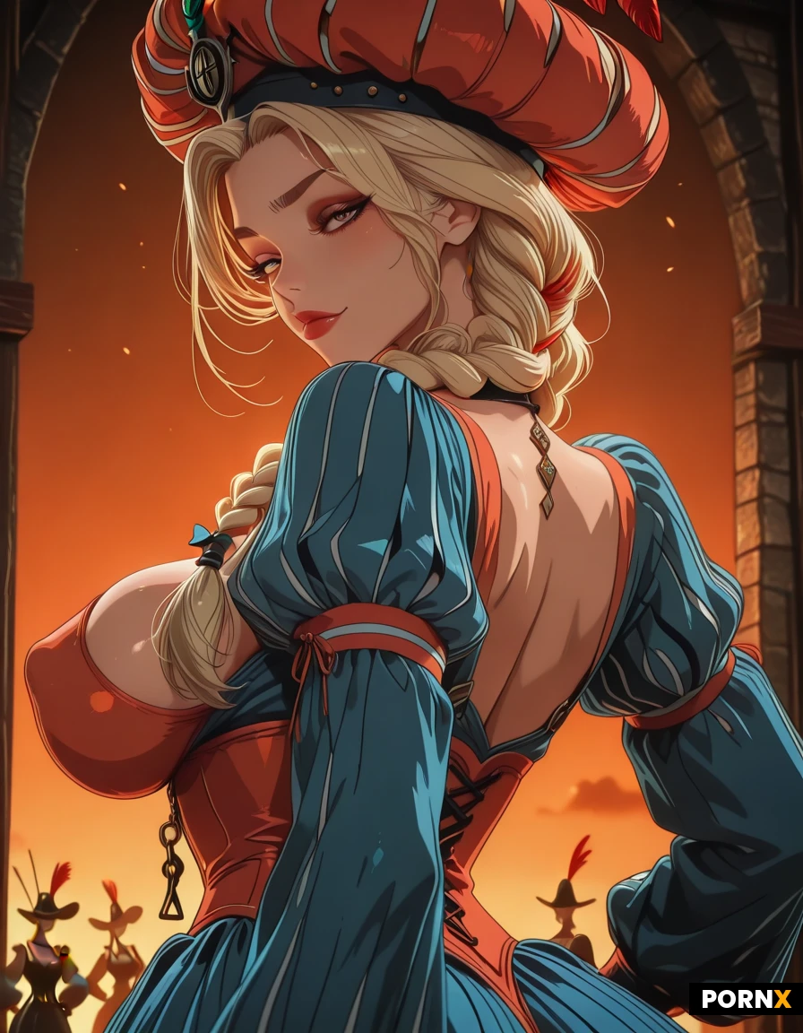 blowjob. looking from behind. girl with blond braided hair and oversized natural boobs posing as a landsknecht.