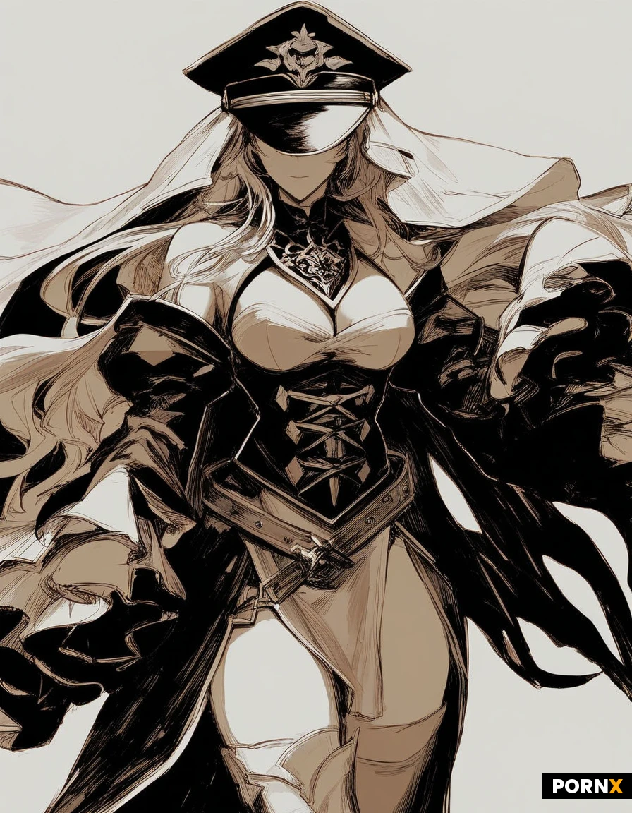 Rendered in vibrant MOE anime style with crisp linework, glossy cell shading, and rich, desaturated colors. vector.black and white Sketch,high_Quality_eyes,high_Quality_image,high_detailed_image,high_detailed_face,fantasy,(MOE_anime_style).Fitted bodice / corset-style bodice — the blue-and-white upper section,
Deep V neckline,
Off-shoulder / shoulder-draped sleeves,
Long detached sleeves with fitted cuffs,
High-waisted design,
Asymmetrical split skirt / open-front skirt,
Long cape or mantle attached around the shoulders,
Decorative waist belt / cincher,
Metallic medallion ornaments around the waist,
Tabard-like front panels,
Thigh-high stockings or thigh-high boots underneath the split skirt,
Tall military-style peaked cap,
Long veil/fabric panels falling from the back of the hat,