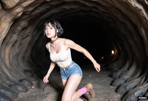 Cinematic photo the camera angle is high and the cave the picture is taken is very large