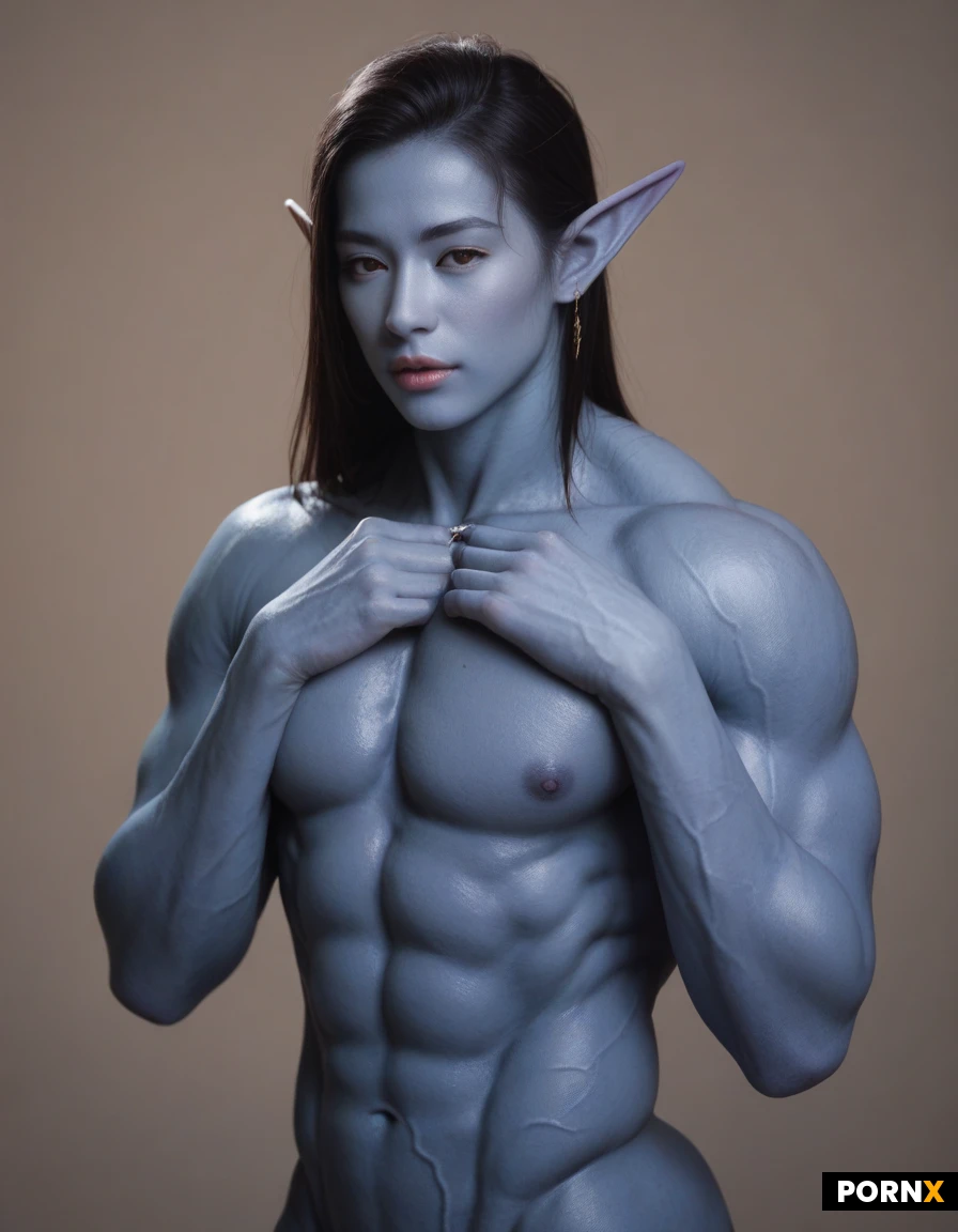 Goddess buff. Asian androgynous. Large muscle. Enhanced steroid veins effects. Elf ears. Blue skin. Hardcore bodybuilder buff & muscle. Lats. Large shoulders. Quadriceps