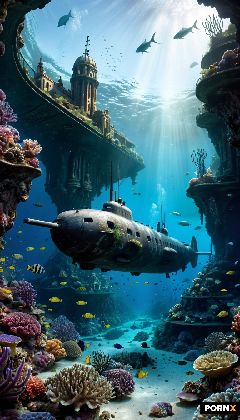 a submarine is seen floating through a beautifully enchanted underwater city