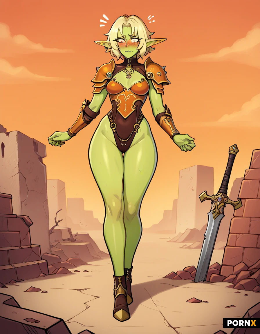 beautiful slim woman, straight red bob with bangs, fair skin, small breasts, fantasy elf armor, leather and gold, revealing, elven ears, post-apocalyptic wasteland, ruins, dust, orange sky, goblin girl, green skin, goblin ears,veryshort person,veryshort girl,full-length figure,standing,embarrassed pose,short legs