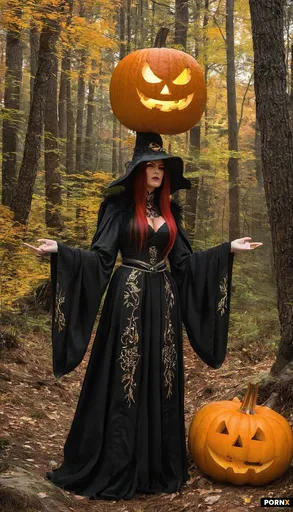 A witch stands in an autumnal forest beside a glowing pumpkin