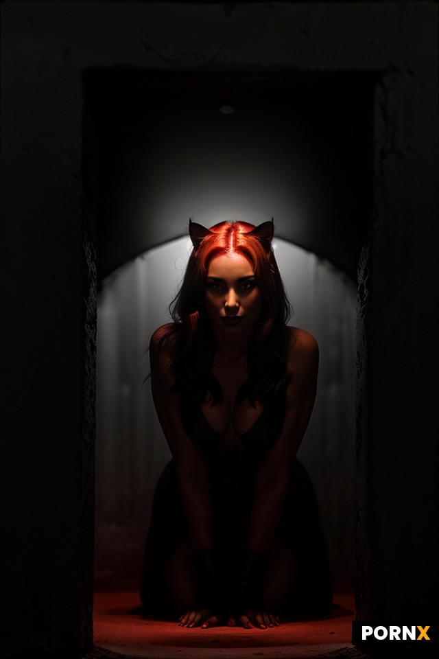 The black and white photograph shows the blurred silhouette of a blonde as catwomen with bright red 
