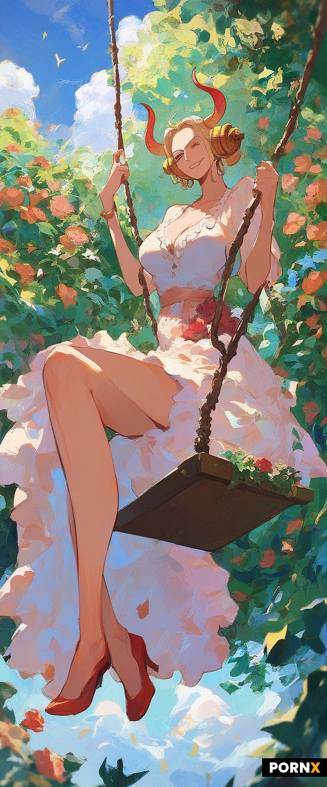 One piece anime style woman sitting on swing in a garden