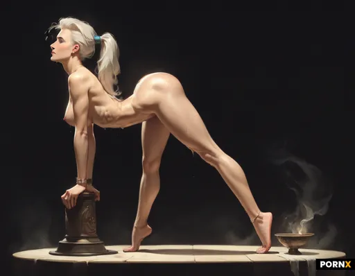 A pale woman standing bent over bustyashe