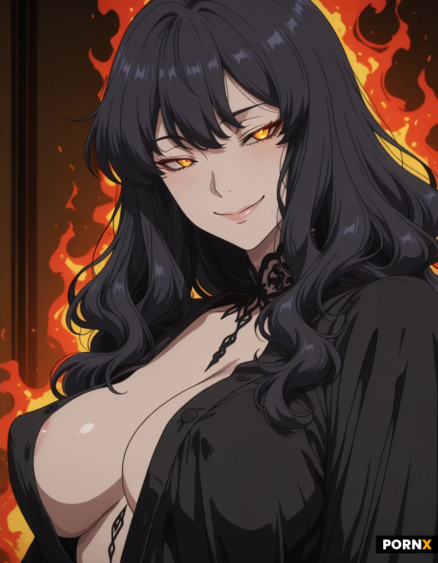 volupptuous woman,long, wavy raven hair, smoldering amber eyes,smiling,perky breasts,black lace robe half unbuttoned to expose a generous amount of ivory skin