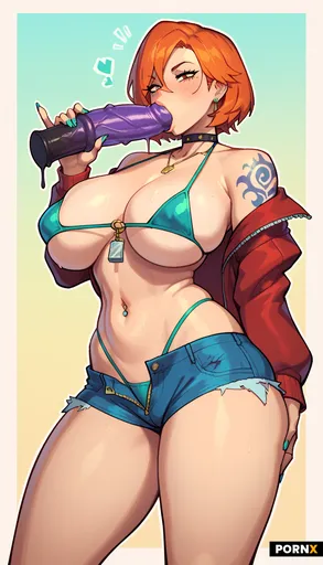 Woman with short orange hair holding a large dildo she is sucking