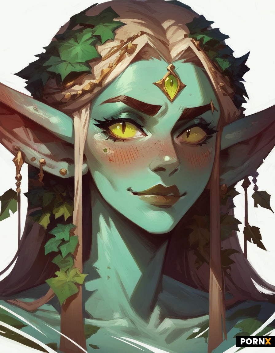 concept-art painterly + goblin-girl portrait + big cute eyes + pale green skin + green leafs hair + 